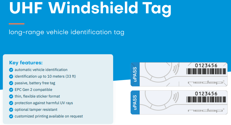 Nedap uPASS 9945946 UHF Windshield Tag, Custom Facility Code and Tag Number